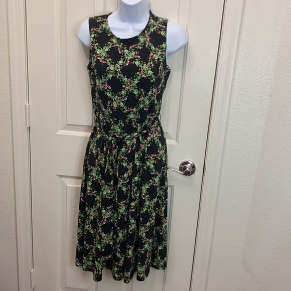 Charter Club Petite Small Scoop Neck Floral Black Green Red Belted Waist Dress - Picture 2 of 7